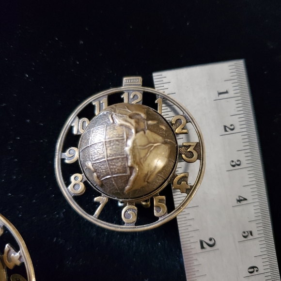 Vintage Brass Globe and Clock Face Clip-on Earrings Steampunk Industrial - Picture 7 of 8